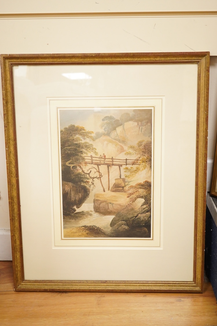 Four watercolours to include Wilmot Pilsbury, ‘On the Soar near Barrow Mill, Rutland’, Henry George Hine, ‘A Windmill by a Canal’ and Francis Nicholson, ‘Figures on a Bridge’, some with labels verso, largest 24 x 34cm